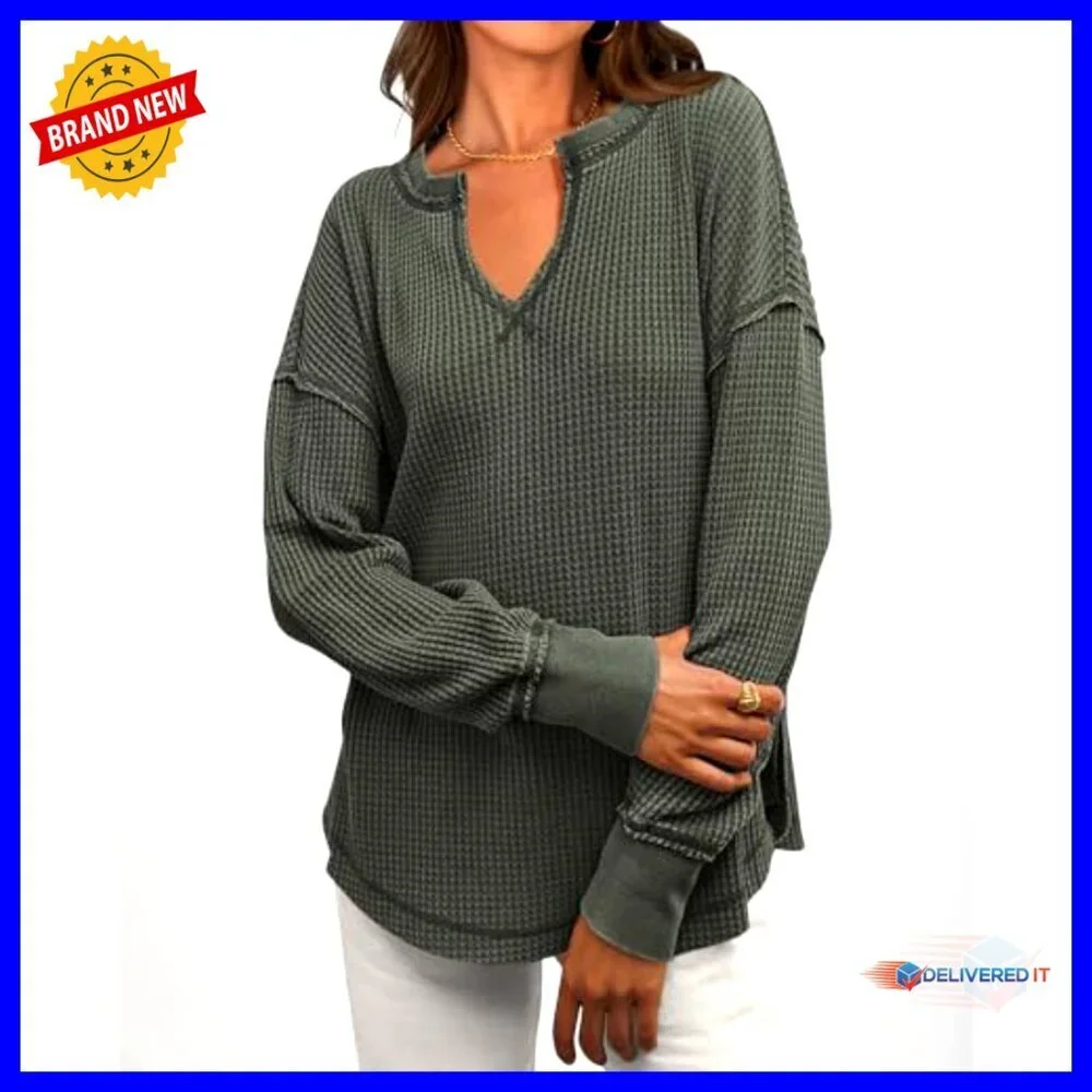 Waffle Knit Long Sleeve Tunic Top Loose Fit V-Neck Casual Dressy - Picture 6 of 7